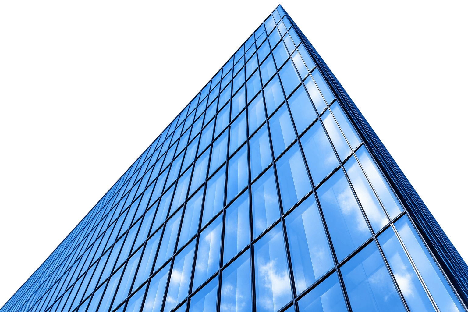 Blue glass office building viewed from below